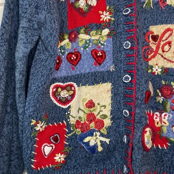 Vintage Valentine Love Cotton Cottagecore Grandma Embroidered Sweater Cardigan - Picture 6 of 12